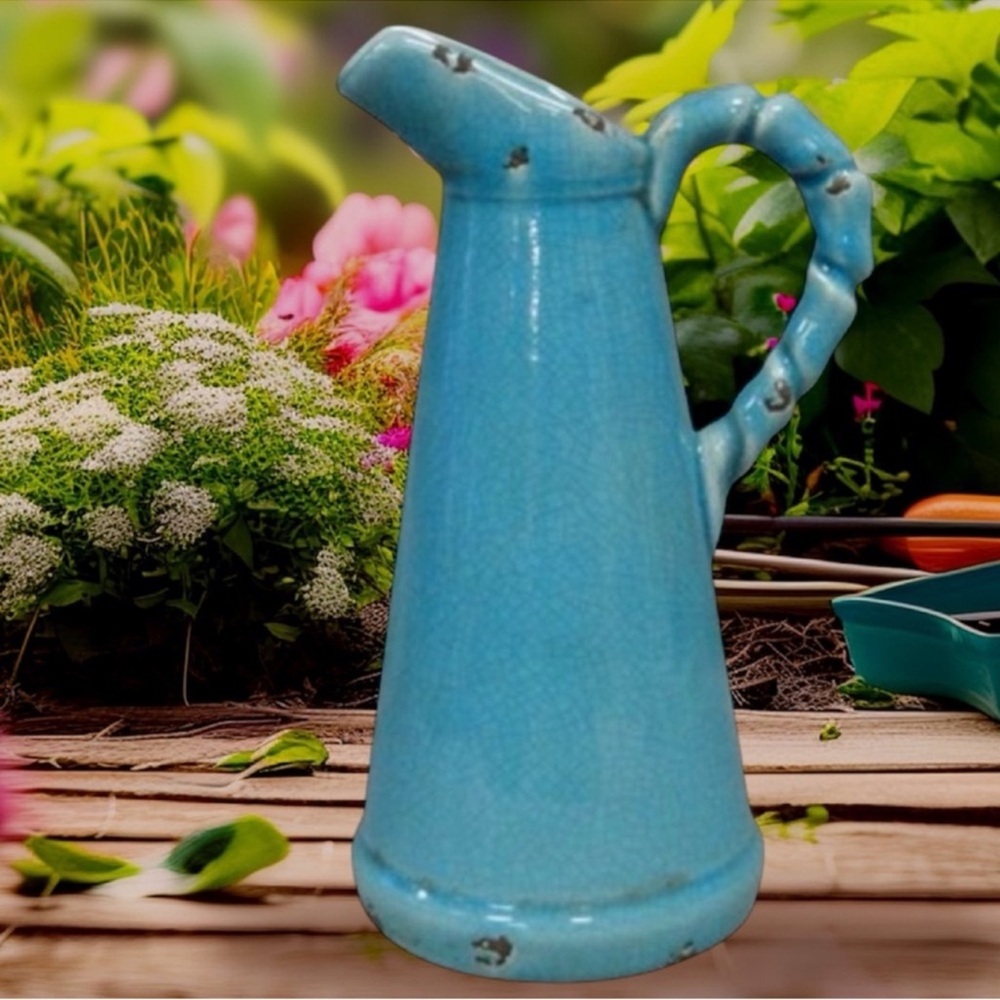 Vintage Pottery Vase Pitcher Water Jug Rustic Antique Glaze Turquoise Blue Green
